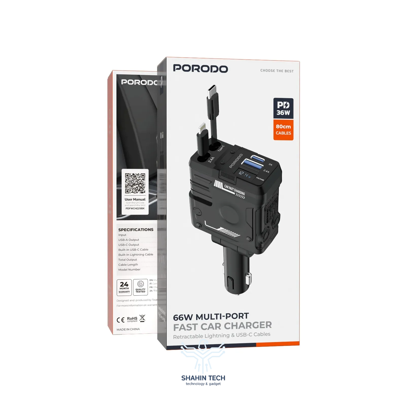 شارژر فندکی به همراه کابل 66w برند Porodo مدلPD-FWCH029-BK