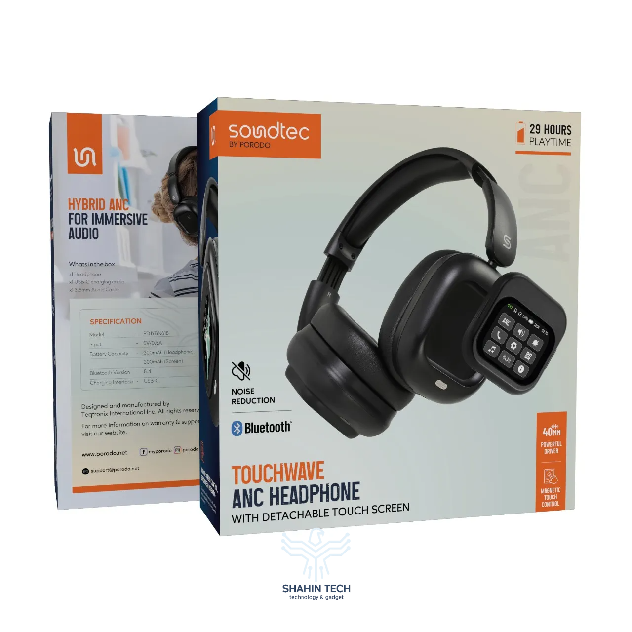 هدفون Porodo Soundtec Touchwave ANC با صفحه لمسی جداشدنی