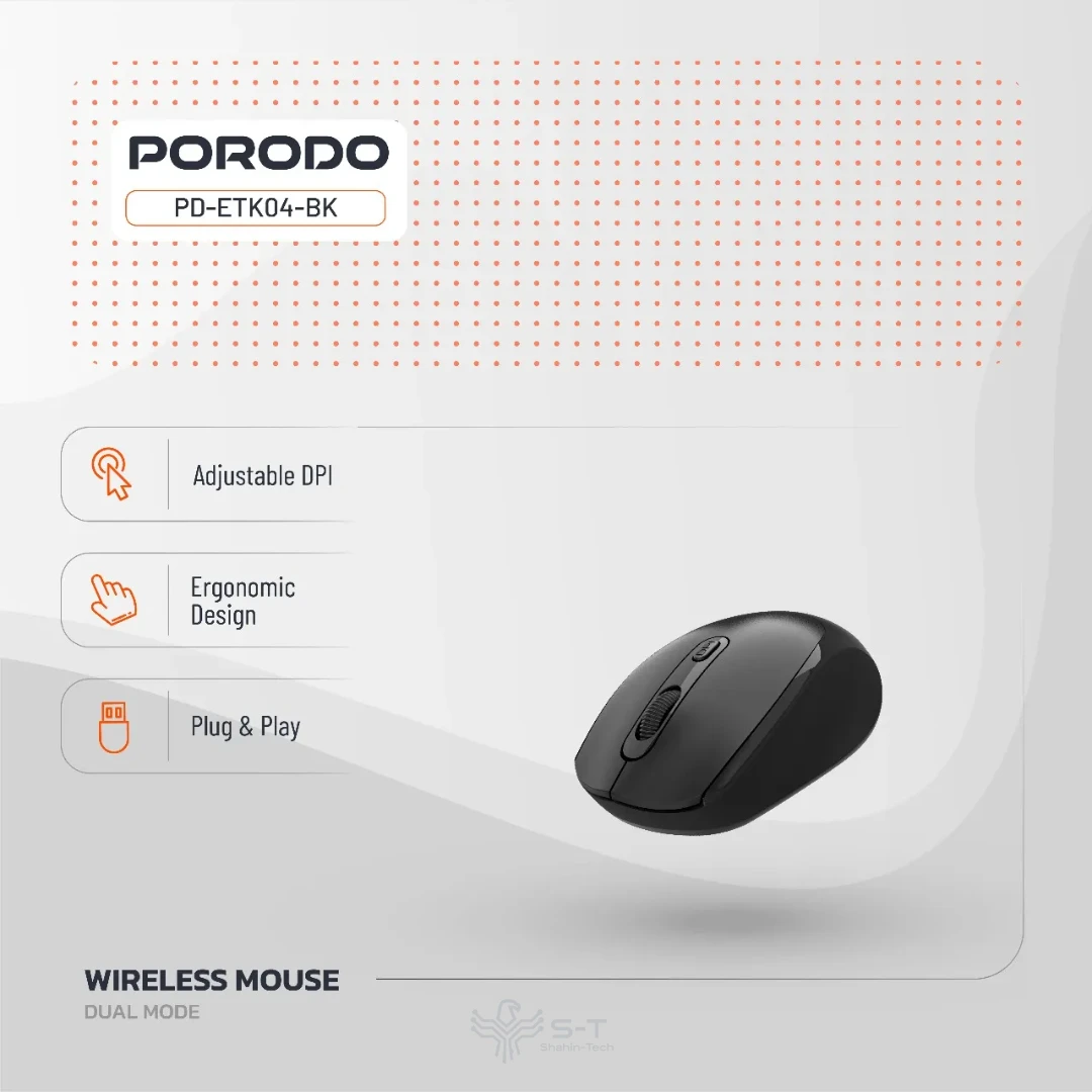 موس بیسیم شارژی بلوتوثی پرودو مدل Porodo 1600DPI Wireless Mouse PDETK04