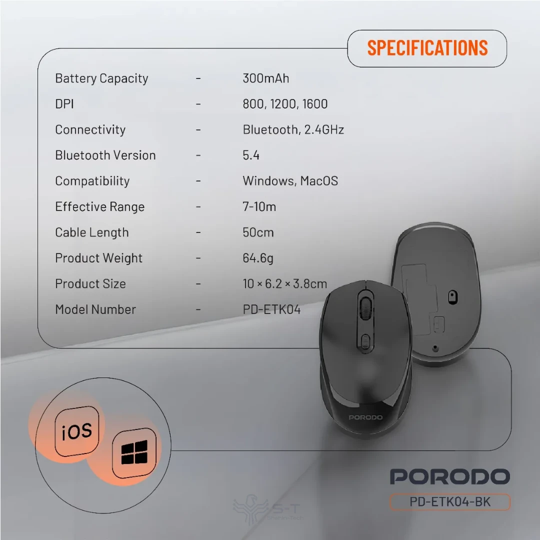 موس بیسیم شارژی بلوتوثی پرودو مدل Porodo 1600DPI Wireless Mouse PDETK04