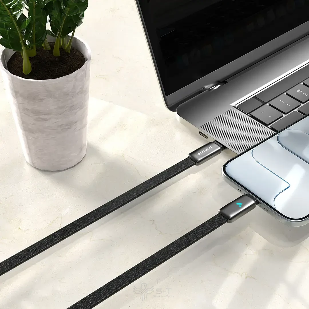 کابل شارژ و انتقال داده چرمی Porodo 100W LED USB-C به USB-C