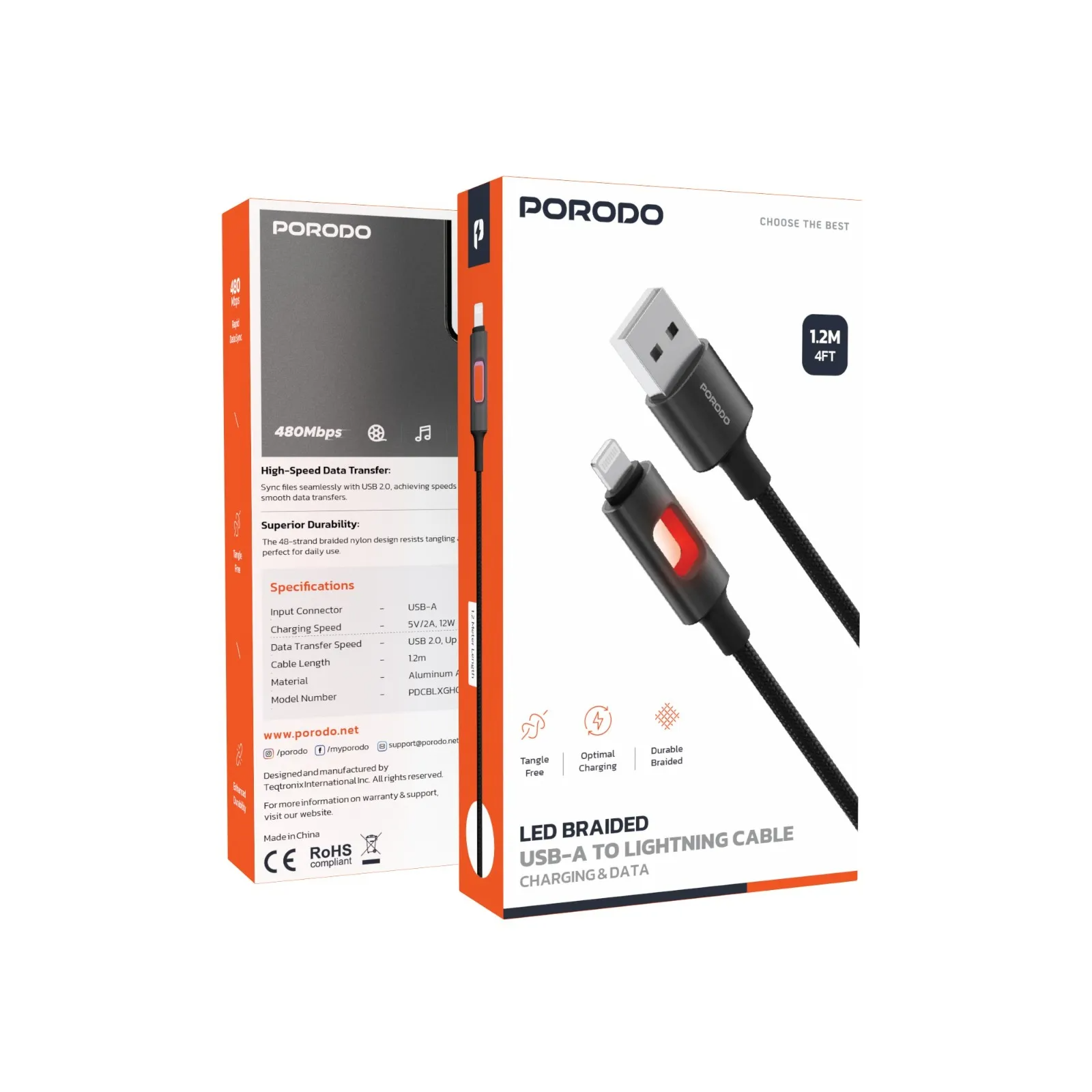 کابل شارژ و انتقال داده Porodo LED بافته شده (ایفونی)