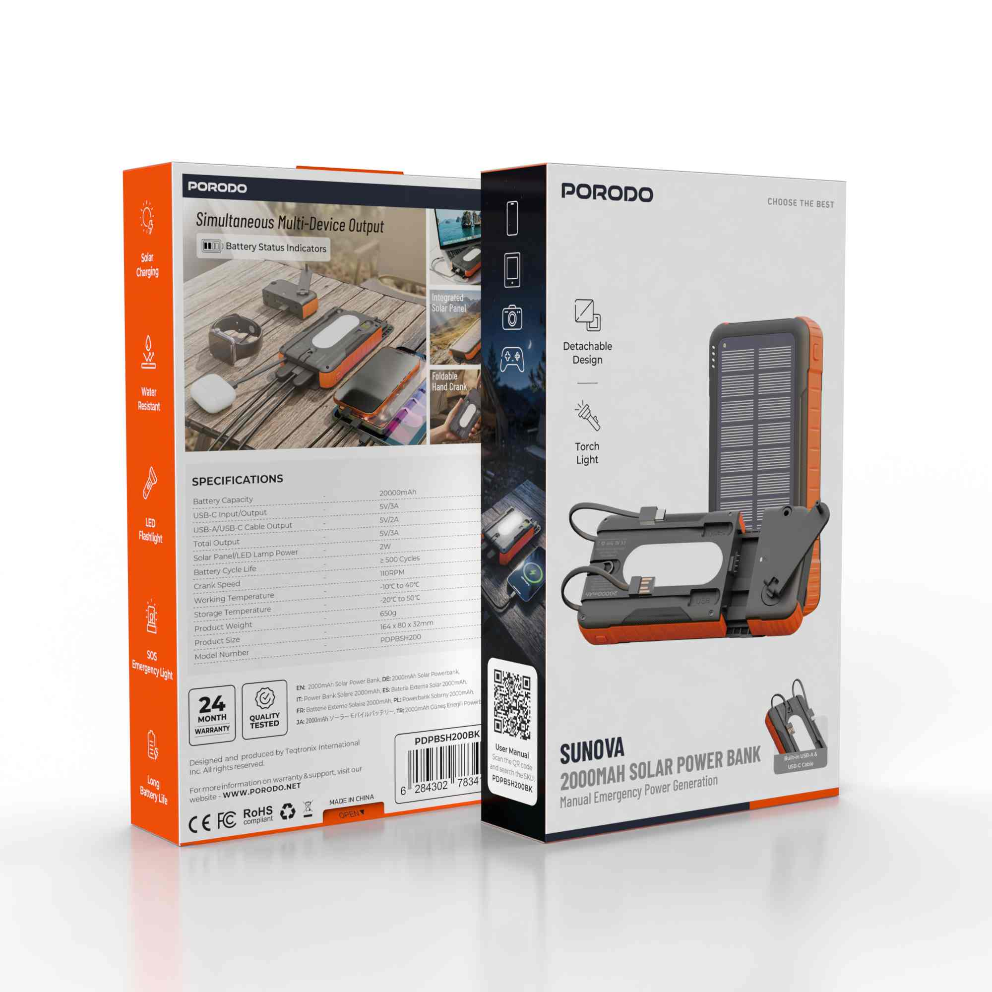 پاوربانک خورشیدی Porodo Sunova 20000mAh با قابلیت تولید برق اضطراری دستی - مشکی