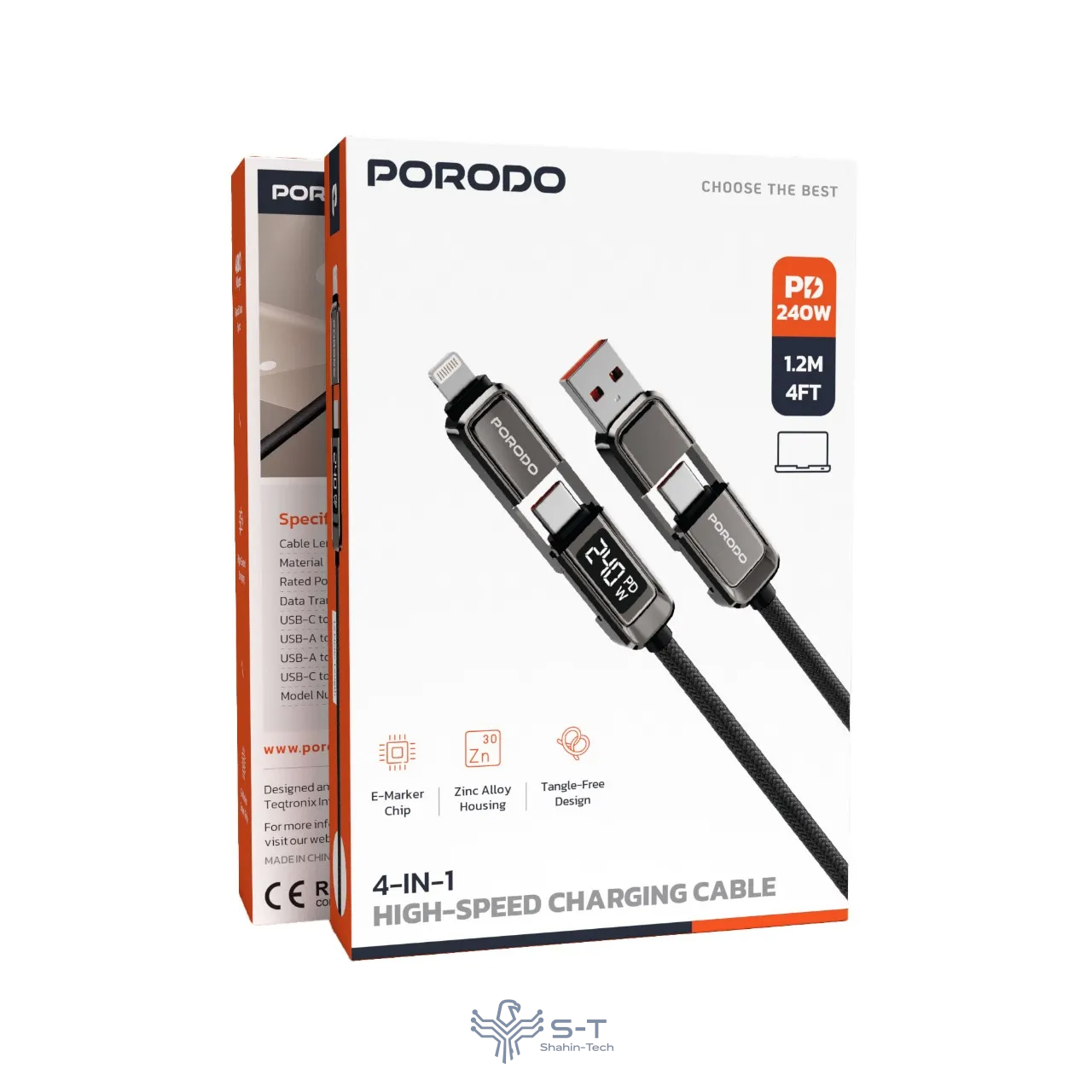 کابل شارژ پرسرعت پورودو 4 در 1  به همراه نمایشگر مدل  PD240WDDGY